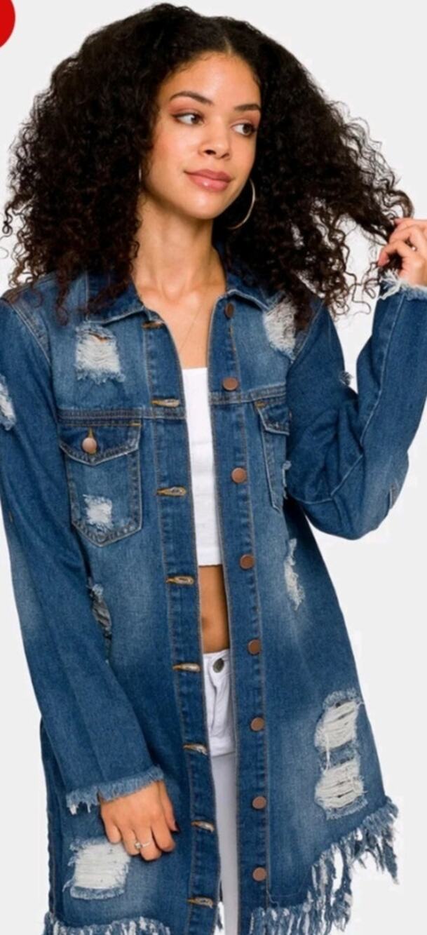 5940) American Bazi Women Distressed Long Cotton Denim Jacket Small